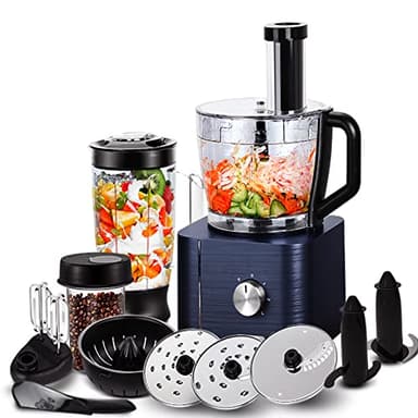 SNDOAS Robot da Cucina Multifunzione, 1100 W Frullatore Tritatutto Multifunzione, Ciotola 3,2 L, Frullatore da 1,5 L, Macinacaffè, Frusta, Blu Scuro