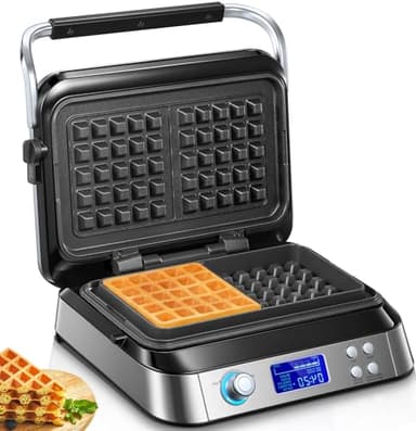 Piastra per Waffle Belga 1600 W, Smart Doppia Waffle pro con Display LED, 5 Programmi Diversi, 7 Temperatura Regolabile, Macchina per Waffle Elettrica Antiaderente (D'argento)