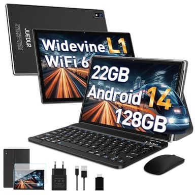 JUEDUR tablet 10 pollici,tablet android 14,22GB RAM+128GB ROM(1TB TF), tablet in offerta/Widevine L1/8000mAh/Octa-Core/2.0Ghz/5G WiFi 6/ 8MP+5MP/BT 5.0/Tablet con Tastiera+Custodia+Mouse, Nero