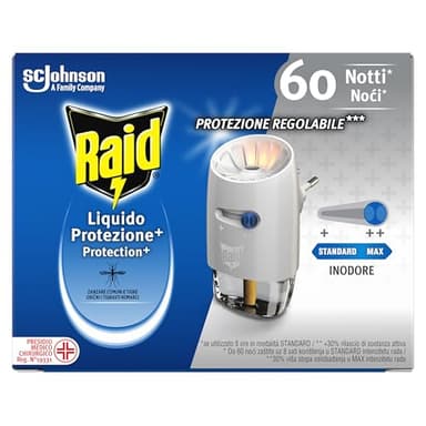 Raid Liquido Elettrico Protezione+ Antizanzare Comuni e Tigre, Inodore, Protezione Regolabile, Confezione da 1 Diffusore e 1 Ricarica 36ml, 60 Notti