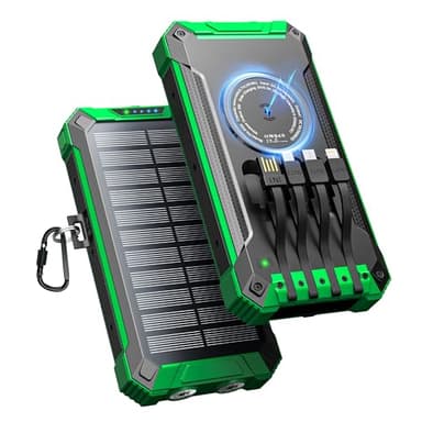 Power Bank Solare 26800mAh con 4 Cavi, Caricabatterie Solare Portatile Wireless Power Bank USB-C 15W Ricarica Rapida 6 Uscite 3 Ingressi per Telefono, Batteria Esterna con Torcia, Moschettone