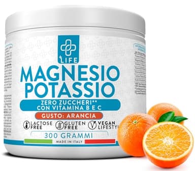 Magnesio E Potassio Senza Zucchero 300g Arancia PiuLife® Con Vitamina B12, B6, B1, Acido Folico, Vit C, Energia Integratori Stanchezza, Sali Minerali, Muscoli, Sistema Nervoso, Magnesio In Polvere