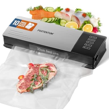 PORTENTUM Macchina sottovuoto alimenti con 10 sacchetti inclusi – Macchina per sottovuoto per alimenti – Sottovuoto potente con finitura in acciaio inox