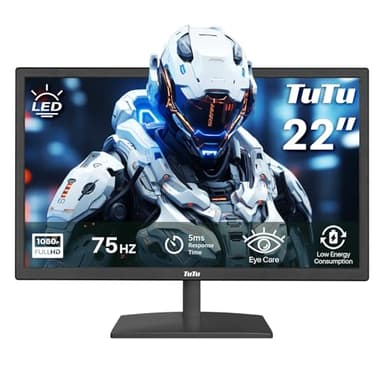 TuTu 22 Pollici LED Monitor Full HD 75HZ 5ms Eye Care (1920 x 1080, VGA HDMI AUDIO OUT VESA 100 * 100mm) Senza Sfarfallio, Filtro Luce Blu, Basso Consumo Energetico, Monitor per PC Casa Ufficio