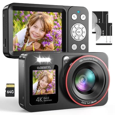 DEATTI Fotocamera Digitale 4K 64MP FHD Macchina Fotografica Digitale 18X Zoom Fotocamere Digitali Compatte con Scheda 64GB con 2 Batteries, 2,4" LED Bambini Studenti Principianti, Nero