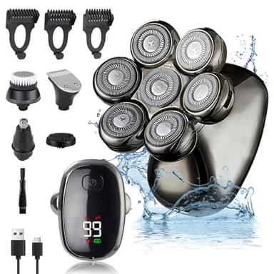 BelonLink 5 in 1 Rasoio Testa Calva Uomo, 7D Rasoio Elettrico Barba, Impermeabile Rasoio Elettrico, Tagliacapelli Uomo Wet/Dry, con 7 Testine Rotanti, Display LED, USB Ricaricabile, per Capelli Barba