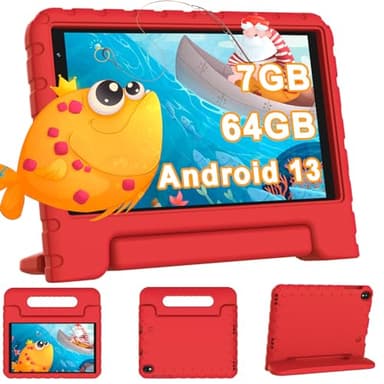 Tablet Bambini 8 Pollici Android 13, 7GB RAM 64GB ROM 1TB Espandibile, WiFi 6 BT 5.0, 5MP+2MP, 3600mAh, 1280*800, GPS, Controllo Parentale, Apprendimento Educazione, Tablet PC con Custodia, Rosso