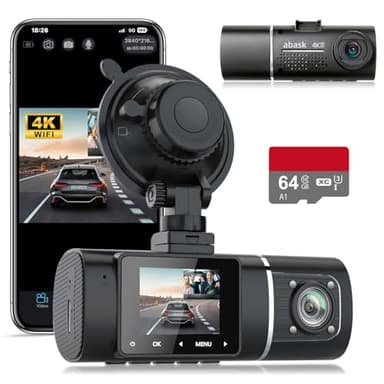 abask Dash Cam Auto, Wifi 4K Dashcam con Fronte e Interno Telecamera Auto con Scheda SD 64G, Visione notturna, Controllo delle app, 310 gradi, Monitor di parcheggio, G-Sensor, Registrazione in Loop