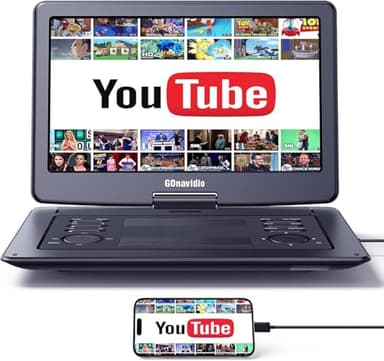 GOnavidio Lettore DVD Portatile da 17,9" con Ampio Schermo da 16", 6 Ore di Batteria Ricaricabile, Supporto Ingresso HDMI, Schermo di Sincronizzazione, Ultima Memoria, Regione Libera, Scheda USB/TF