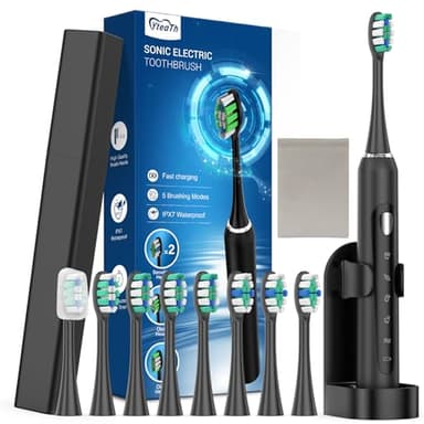 Spazzolino Elettrico Sonico per Adulti con 8 Testine - 5 Modalità Spazzolino Elettrico con Custodia, Ricarica Rapida, Spazzolini Elettrici da Viaggio Famiglie, Nero