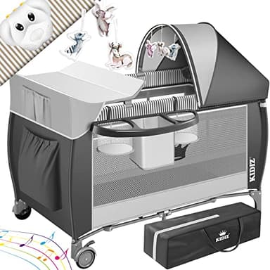 KIDIZ® Lettino per bambini 3in1, Lettino da viaggio, Set - Lettino con fasciatoio, Zanzariera, Pareti laterali aerate, Navicella, pieghevole, fino a 15 kg, Grigio