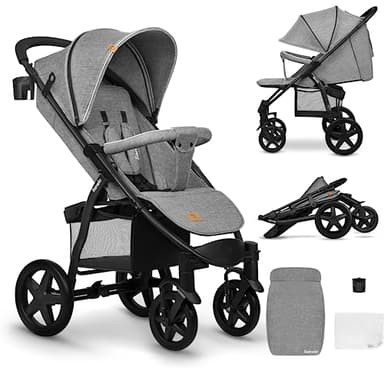 LIONELO Annet passeggino leggero pieghevole grigio cruro, regorabile con posizione sdraiata con ruote EVA cappottina XXL con zanzariera coprigambe portabibite fino 22 kg