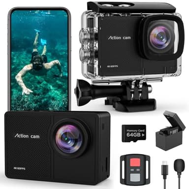 TIMNUT 4K 60FPS Action Cam, 40M Fotocamera Subacquea con scheda SD da 64 GB, 48MP HD WIFI Videocamera con Telecomando,EIS Telecamera Sott'acqua,Mic Esterno,2x1350mAh Batterie e Accessori di Montagg