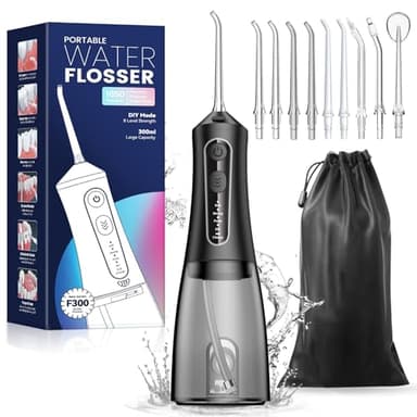 JTF Irrigatore Orale Senza Fili, Portatile Idropulsore Dentale Professionale Ricaricabile USB, 4 Modalità e 9 ugelli e Capacità 300ML Elettrico Water Flosser Impermeabile IPX7 per Viaggi a Casa(Nero)