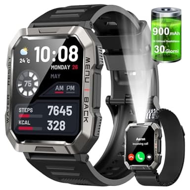Militare SmartWatch Uomo(Rispondi/Effettua Chiamate), Fitness Tracker con Torcia/Bussola/900mAh Batteria /24H Cardiofrequenzimetro/Sonno/ SpO2/100+ Modalità Sport per Android IOS (2 Cinturini)