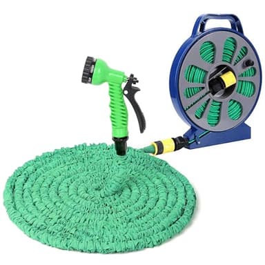 Avilia Tubo Acqua per Giardino Estensibile 15m - Tubo Irrigazione con Pistola 7 Getti - Dispenser Integrato - Ideale per Lavaggio Auto e Irrigazione