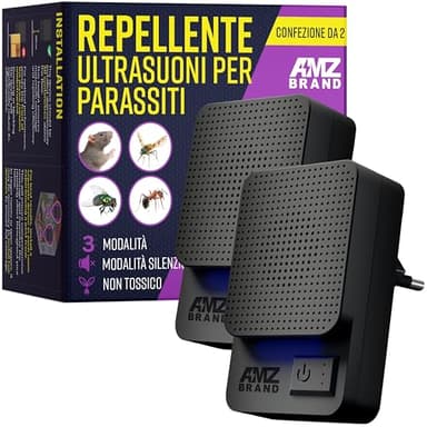 AMZ BRAND Repellente a Ultrasuoni per Insetti 2 Pezzi - Potente Repellente per Topi - 3 Modalità di Funzionamento - Ampio Raggio di Frequenza - Ideale per Topi, Ratti, Zanzare, Scarafaggi, Falene