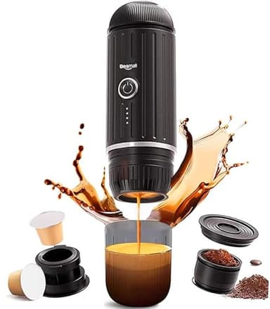 Besmall Macchina da caffè espresso elettrica portatile, caffettiera da viaggio per il campeggio, caffettiera da auto auto-riscaldamento con USB-C, con caffè macinato e capsula NS