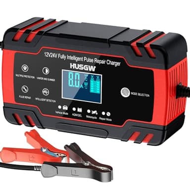 Husgw 8A Caricabatteria da Auto, 12V / 24V 8A Carica Batteria Moto Multi Protezioni e Mantenitore,Intelligente Schermo LCD Carica Batterie Completamente Automatico per Moto,Barche, Auto, Batteria AGM.