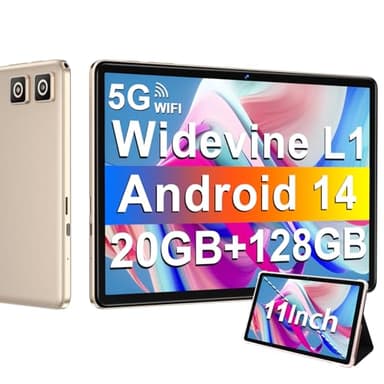 Tablet 11 Pollici Android 14 con Widevine L1, 8000 mAh + Ricarica Rapida 18 W, 5MP+13MP, 20 GB RAM+128 GB ROM (Espandibile Fino a 1 TB), 5G Wi-Fi, GPS, Octa-Core 2.0 GHz, 1280*800, Face ID, USB-C, Oro