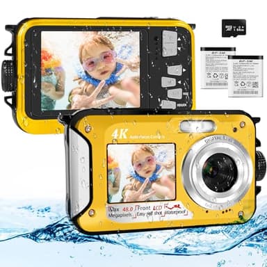 4K Macchina Fotografica Subacquea Con Scheda Di Memoria Da 64 GB, Fotocamera Subacquea 48 MP Con Autofocus E Doppio Schermo Selfie HD, 3 Metri Fotocamera Subacquea Digitale (2 Batterie)
