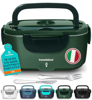 TRAVELISIMO Scaldavivande Elettrico Portatile, 80W 1,5L Porta Pranzo Riscaldabile, 220V/12V/24V Scalda Vivande Portatile Elettrico per Auto Camion e Ufficio, Contenitore Termico Per Alimenti Caldi