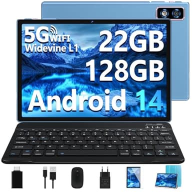 2025 Newest Tablet 10 Pollici Android 14 OS 22GB RAM+128GB ROM(TF 1TB), Octa Core 2.0Ghz /5G+2.4G WiFi/GMS/8000mAh/Bluetooth 5.0/Widevine L1/8MP+5MP/GPS/Tablet 2 in 1 con Tastiera e Mouse - Blu