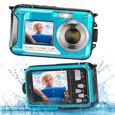 SenDeluz Macchina Fotografica Subacquea, Zoom Digitale 16X Fotocamera Full HD 2.7K 48MP Fotocamera Subacquea Doppio Schermo Fotocamera Subacquea Fotocamera Digitale Impermeabile