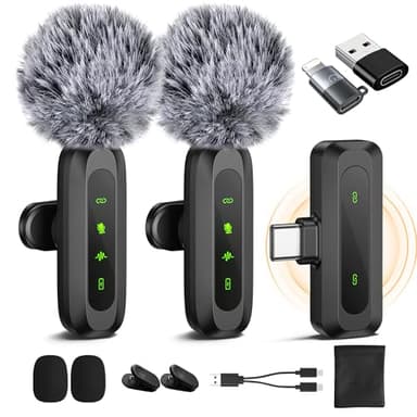 Jubolion Microfono Lavalier Wireless per iPhone/Android/PC (Lightning/USBC/USBA), 2 Pack LED Display Mini Microfono Bluetooth con Mute/Reverb/Riduzione del Rumore per TikTok/YouTube/Vlog (J3)