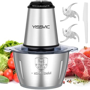 YISSVIC Tritatutto Elettrico 2L, 500W, 2 Velocità, 2×4 Lame,Ciotola in Acciaio Inox, Anello Antiscivolo,Lavabile in Lavastoviglie, per Frutta Verdura Carne Spezie