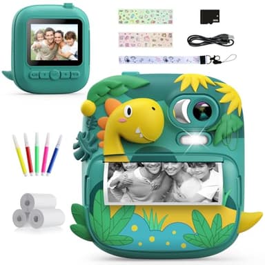Macchina Fotografica Bambini Istantanea, CAMCLID 2,4 Pollici Fotocamera Bambini con 32GB Scheda, 12MP/1080P Fotocamera Digitale Bambini Dinosauro, Regali per Ragazzi Ragazze da 3-12 Anni (Verde)