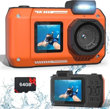 Fotocamera subacquea impermeabile 4K 65 MP, robusta, antipolvere, antiurto, con scheda da 64 G, fotocamera subacquea per snorkeling, autofocus, selfie a doppio schermo, fotocamera digitale