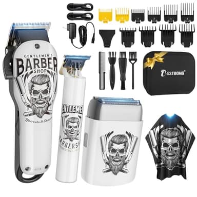 BESTBOMG Tagliacapelli Uomo Macchinetta Capelli Professionale, Regolabarba Rasoiocapelli Trimmer Rasoio Elettrico Con Mantella da Barbiere e 10 Pettine Limite, Macchinetta Barbiere Senza Fili (White)