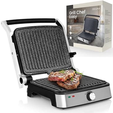 Zeegma Grill Chef Easy - Grill Elettrico 2 in 1 e Tostapane Panini, Potenza 2000W, Superficie Antiaderente in Ceramica, Regolazione Temperatura e Inclinazione, Piastre Removibili Lavabili in Lavastovi