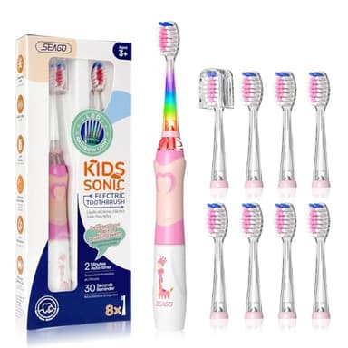 Seago Spazzolino Elettrico Bambini 3-12 Anni Spazzolino Bambini Spazzolini Elettrici Con 8 Testine Spazzolino Elettrico Luce LED Colorata e Osservante 4 Modalità Timer Intelligente SG-977, Rosa
