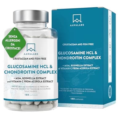 Glucosamina Condroitina MSM Integratore Alto Dosaggio con Boswellia Serrata e Vitamina C Naturale da Acerola - Senza Pesce e Crostacei - Integratore Difese Immunitarie, Ossa, Cartilagini - 180 Capsule