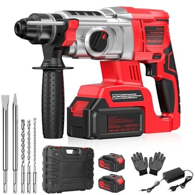 Martello Perforatore a Batteria 2 * 4.0Ah, 21V Martello Demolitore SDS Plus, Martello Tassellatore a Batteria, 3 Trapani, 2 Scalpelli, Adatti per Cemento, Muratura, Pareti, 4 in 1 Funzioni