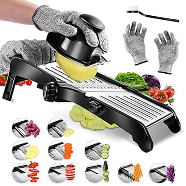 Masthome Mandolina per Verdure,Mandolina Cucina Regolabile in Inox con Lama Affilata Integrata,Mandolina Giapponese Multifunzionale per Frutta e Verdura,Guanti e Spazzolino per Pulizia