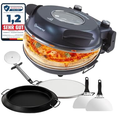 Sommertal PizzaProfi - Forno elettrico per pizza con piastra in pietra da 32 cm, 3 minuti per pizza, fino a 400 °C, set da 5 pezzi con inserto per padella, 2 pale per pizza, sarta, pietra per pizza