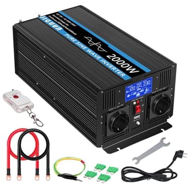 JIGUUN 2000W Inverter 12V 220V onda pura Trasformatore con caricatore 30A e circuito di priorità di rete e UPS，2 prese EU, telecomando wireless e display a LCD Potenza di picco 4000W
