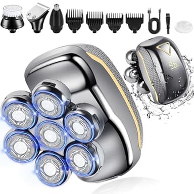 Rasoio Testa Calva, Rasoio Elettrico Barba 5 in 1 Impermeabile IPX7 con 7 Testine Rotanti, Display della batteria e Cavo di ricarica di tipo C
