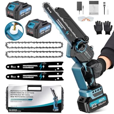 Motosega a Batteria, Mini Motosega Elettrica a Batteria Brushless con 8000mAh Batterie 1200W, 8 Pollici Sega a Batteria per Potatura con Pompetta Olio, per Potatura, Artigianato e Progetti FAI DA TE