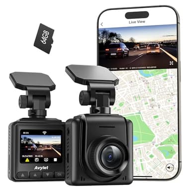 2K Dash Cam Wi-Fi Con Scheda 64GB, Telecamera per Auto Mini con APP, Supporta Modulo GPS Esterno, Grandangolare di 170°, Visione Notturna, 24H Monitor di Parcheggio, Rilevamento di Movimento, G-Sensor