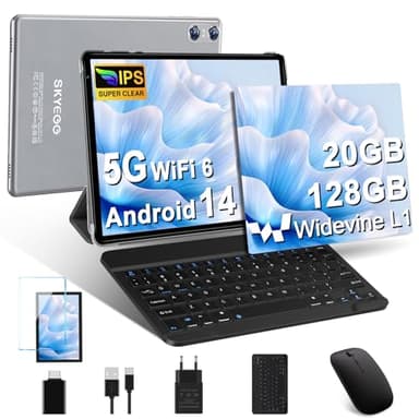 Tablet 10 Pollici Android 14 con Widevine L1, 20 GB RAM + 128 GB ROM(Espandibile Fino a 1 TB), Octa-Core, 5G Wi-Fi 6, 8MP + 5MP, 6000mAh, GPS, USB-C Tablet con Tastiera + Mouse + Custodia, Grigio