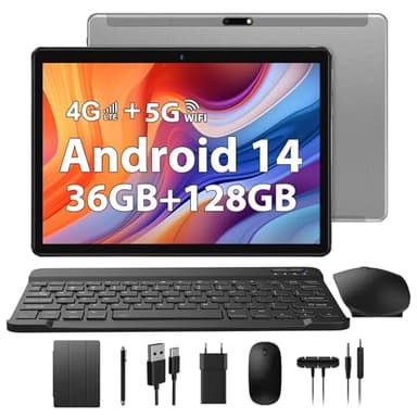 TIGERFU 10 Pollici Tablet Android 14,36GB RAM+128GB ROM(1TB TF), Octa-Core 2.0 GHz, 4G LTE & 5G WiFi, GMS Cerfified,8000mAh,Bluetooth 5.0, 8MP+5MP, Tablet con custodia, tastiera, penna, mouse - Grigio