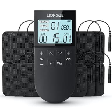 LIORQUE Elettrostimolatore Muscolare TENS/EMS/FITNESS 3 in 1, 50 Modalità, 10 Pezzi di Elettrodi TENS, 16 Livelli di Intensità per Alleviare il Dolore Nero