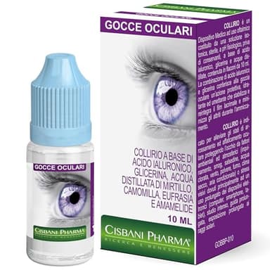 CISBANI PHARMA Collirio Occhi Secchi, 10 ml a base di acido ialuronico con Mirtillo, Camomilla, Eufrasia e Amamelide. Ideale per Rossori, Gocce oculari in Soluzione Salina