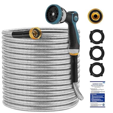 TOYSARC Tubo da Giardino in Acciaio Inox 15m, Tubo Acqua Giardino in Metallo con 10 Tipi di Getto, Robusto Resistente Alla Corrosione, non si Annoda e non si Attorciglia, Giardinaggio Facile