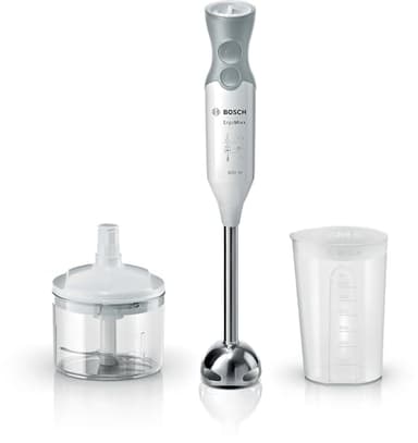 Bosch Frullatore a Immersione MSM66120, 600W, Impugnatura Ergonomica, Piede in Acciaio Inox, Lama a 4 ali Acciaio Inox, Velocità Variabile, Accessorio Tritatutto Incluso, Bicchiere Graduato, Bianco
