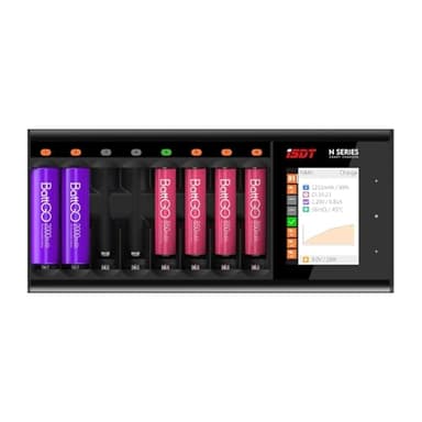 ISDT N8 Caricabatterie rapido con display LCD per 8 batterie ricaricabili; tipologie di batterie ricaricabili: NI-MH, NI-Cd, AA, AAA, Li-lon, LiHv LiFePO4, Eneloop, Panasonic, Varta, Ansmann